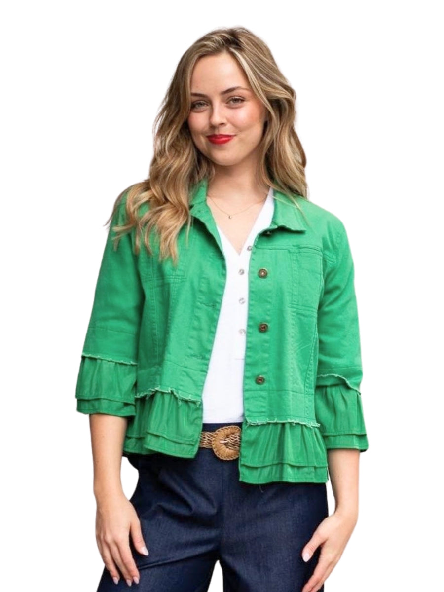Jolie Saule Frill Denim Jacket in Green