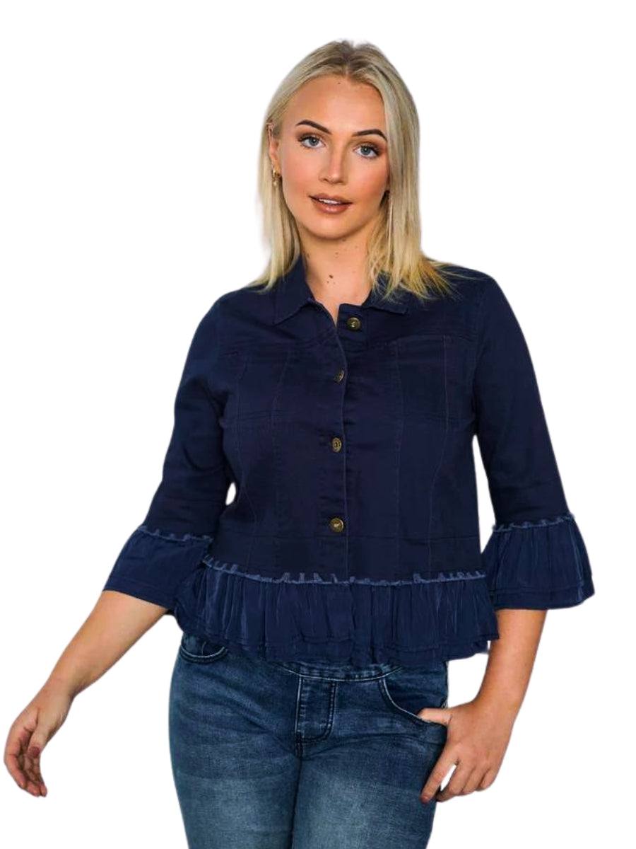 Jolie Saule Frill Denim Jacket in Navy