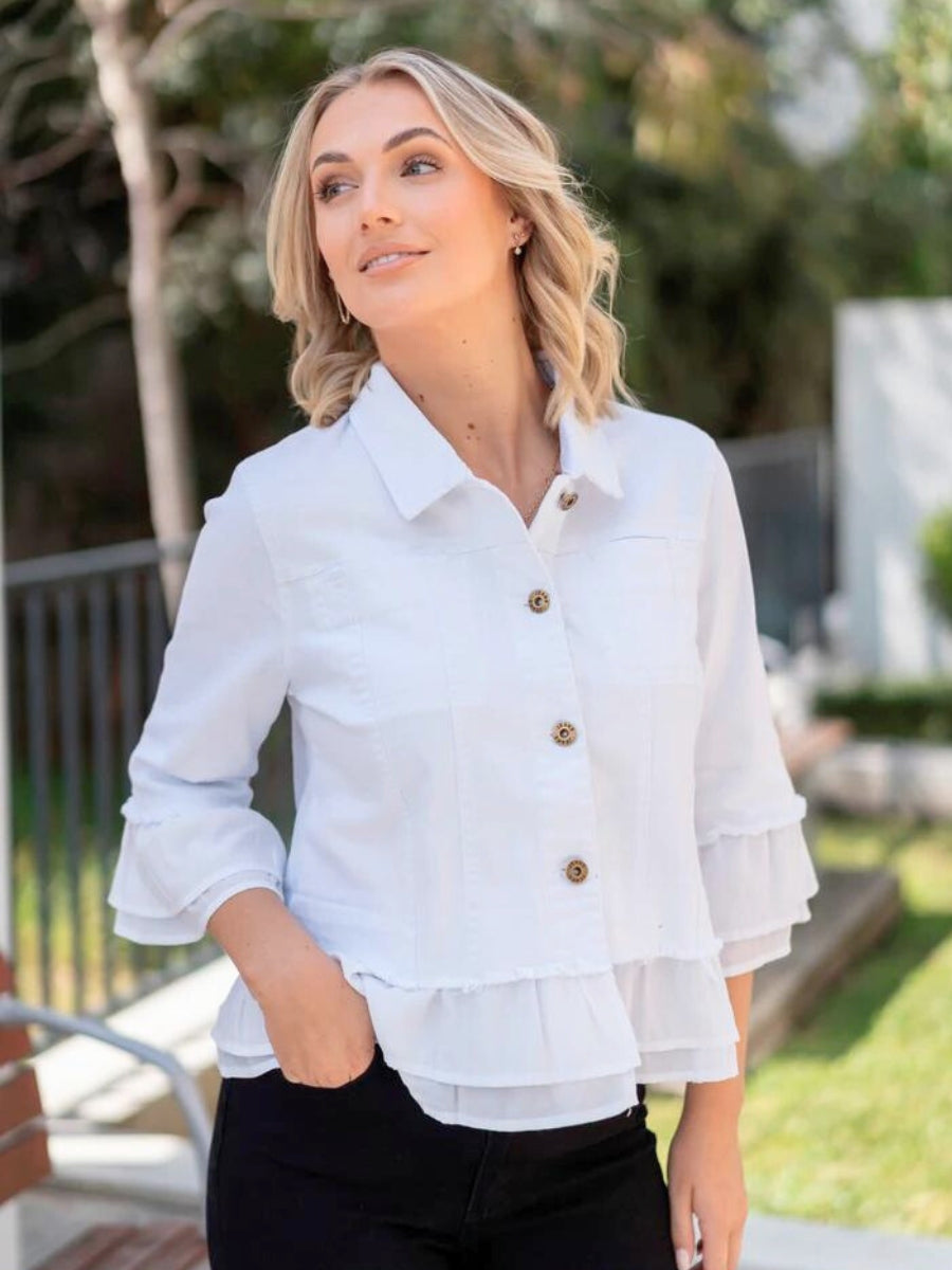 Jolie Saule Frill Denim Jacket in White