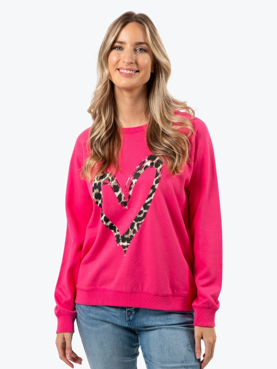 Stella + Gemma classic sweater hot pink with leopard heart outline