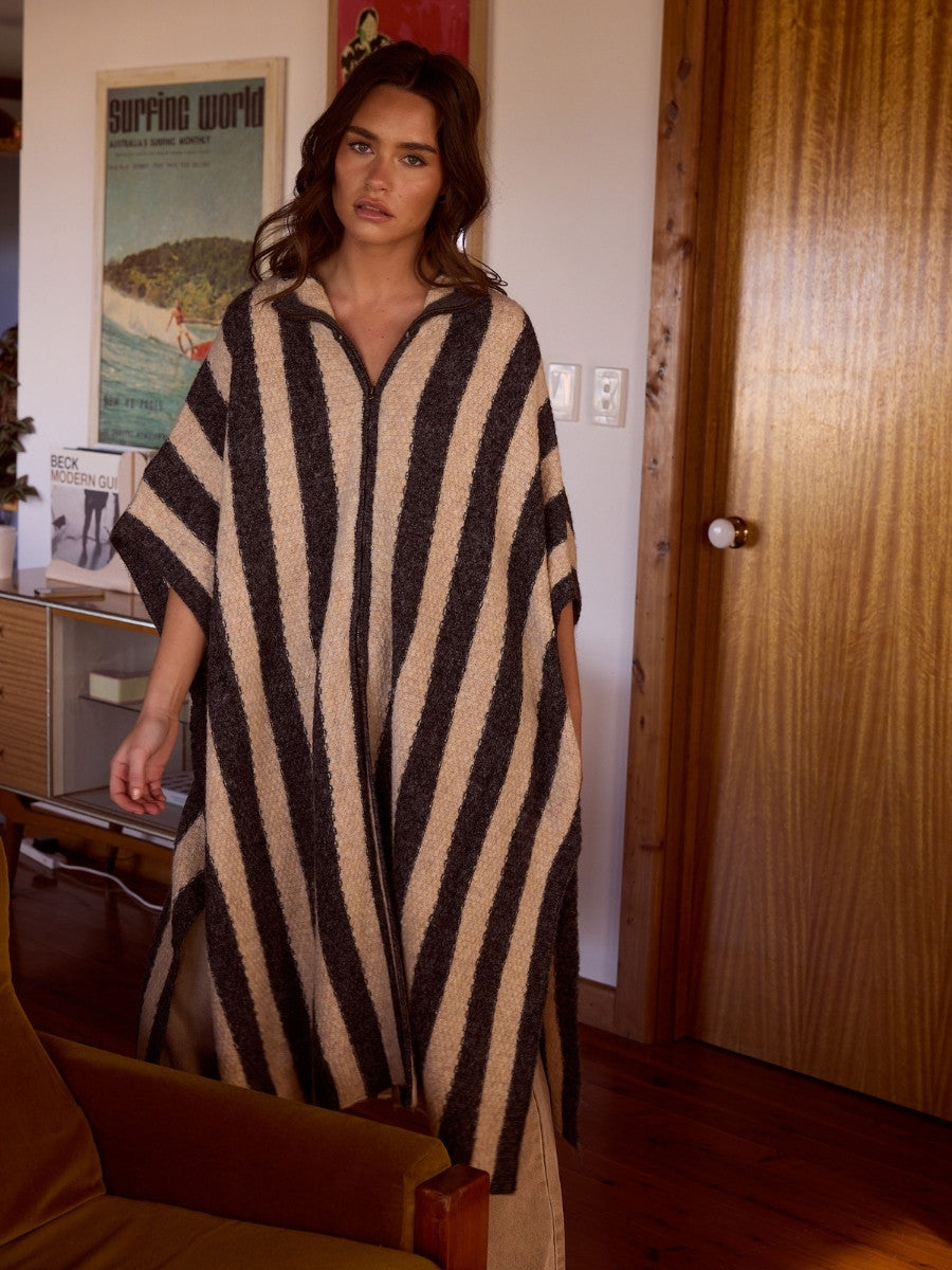 Talisman Nomad Poncho in Oatmeal/Charcoal Stripe