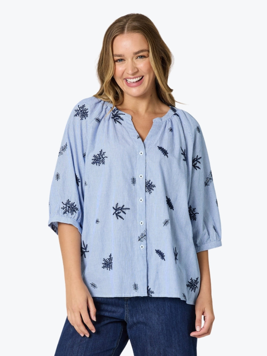 Threadz Botanica Embroidered Floral Shirt | Navy/White