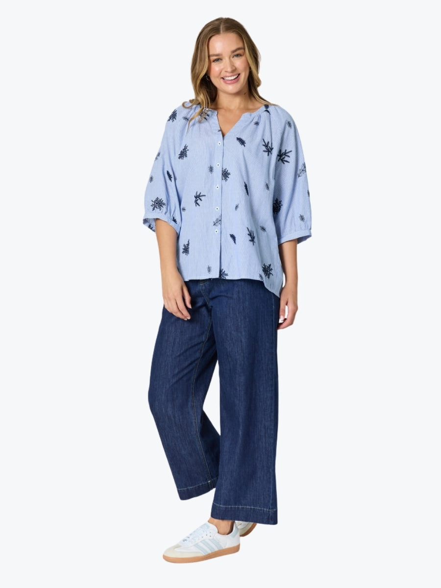 Threadz Botanica Embroidered Floral Shirt | Navy/White