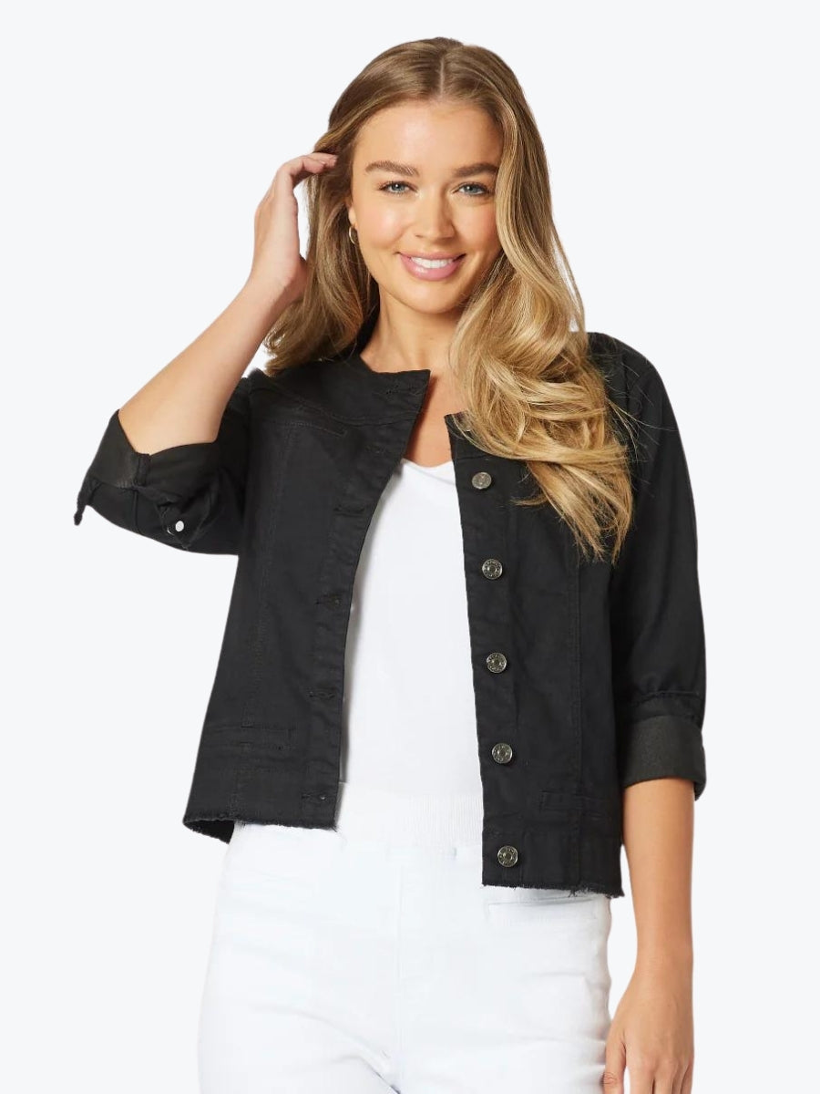 Threadz collarless denim jacket black