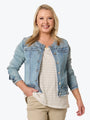 Threadz Collarless Frayed Hem Denim Jacket | Denim