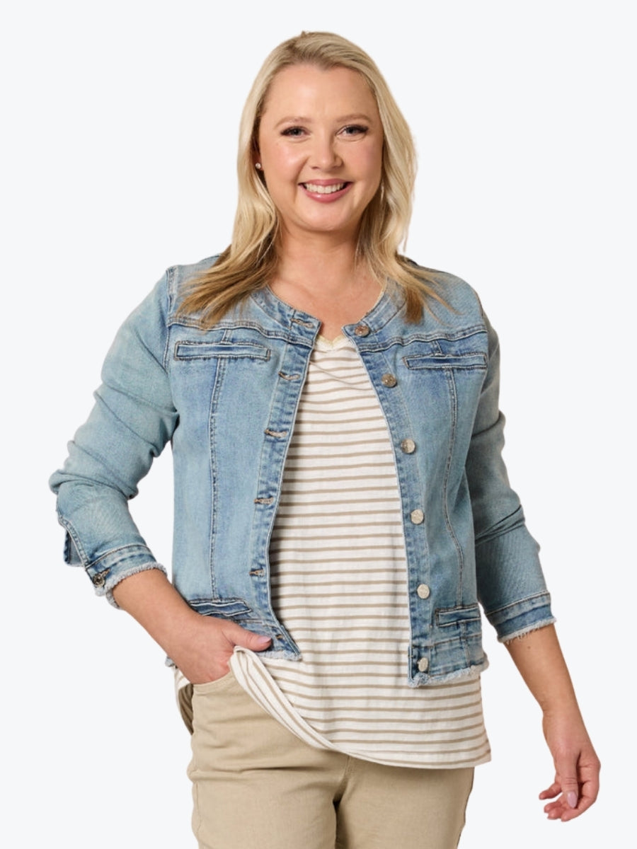 Threadz Collarless Frayed Hem Denim Jacket | Denim