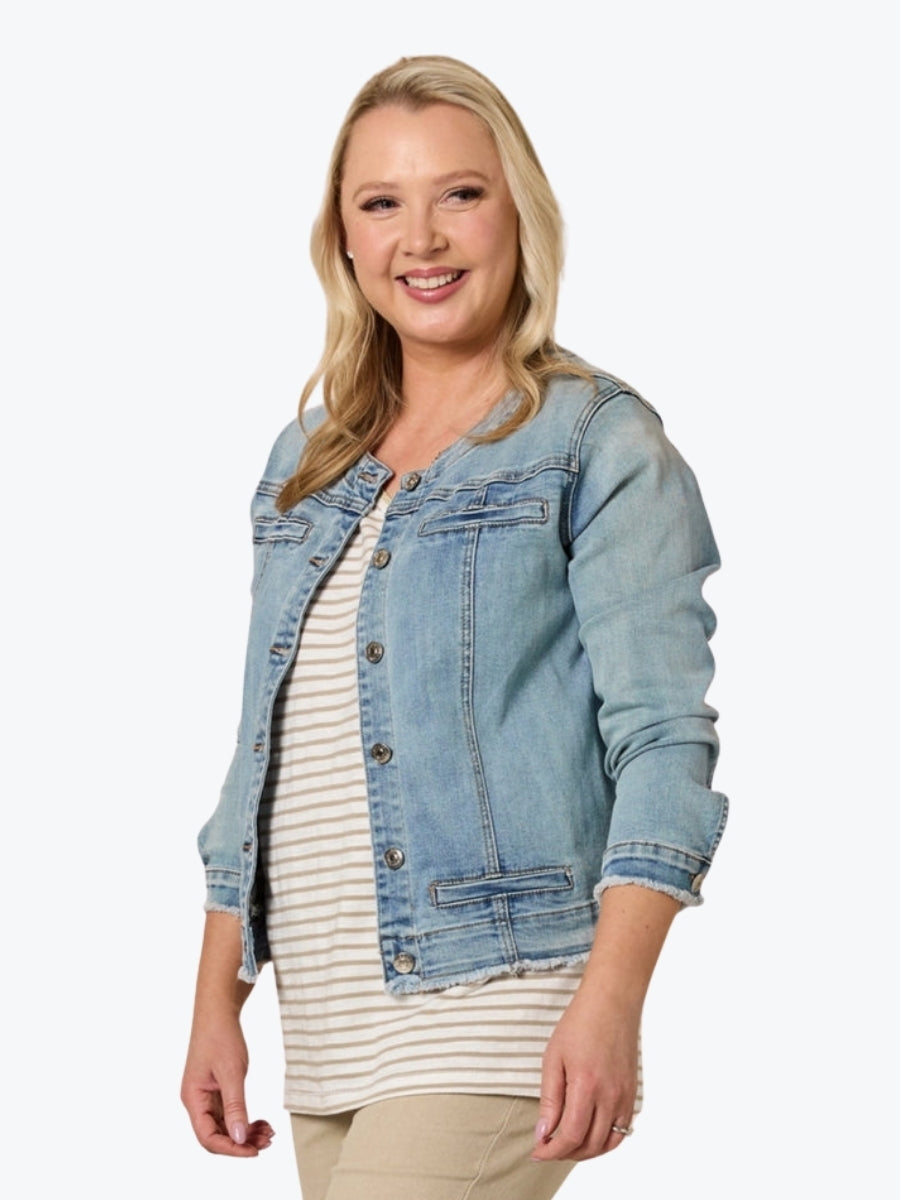 Threadz Collarless Frayed Hem Denim Jacket | Denim