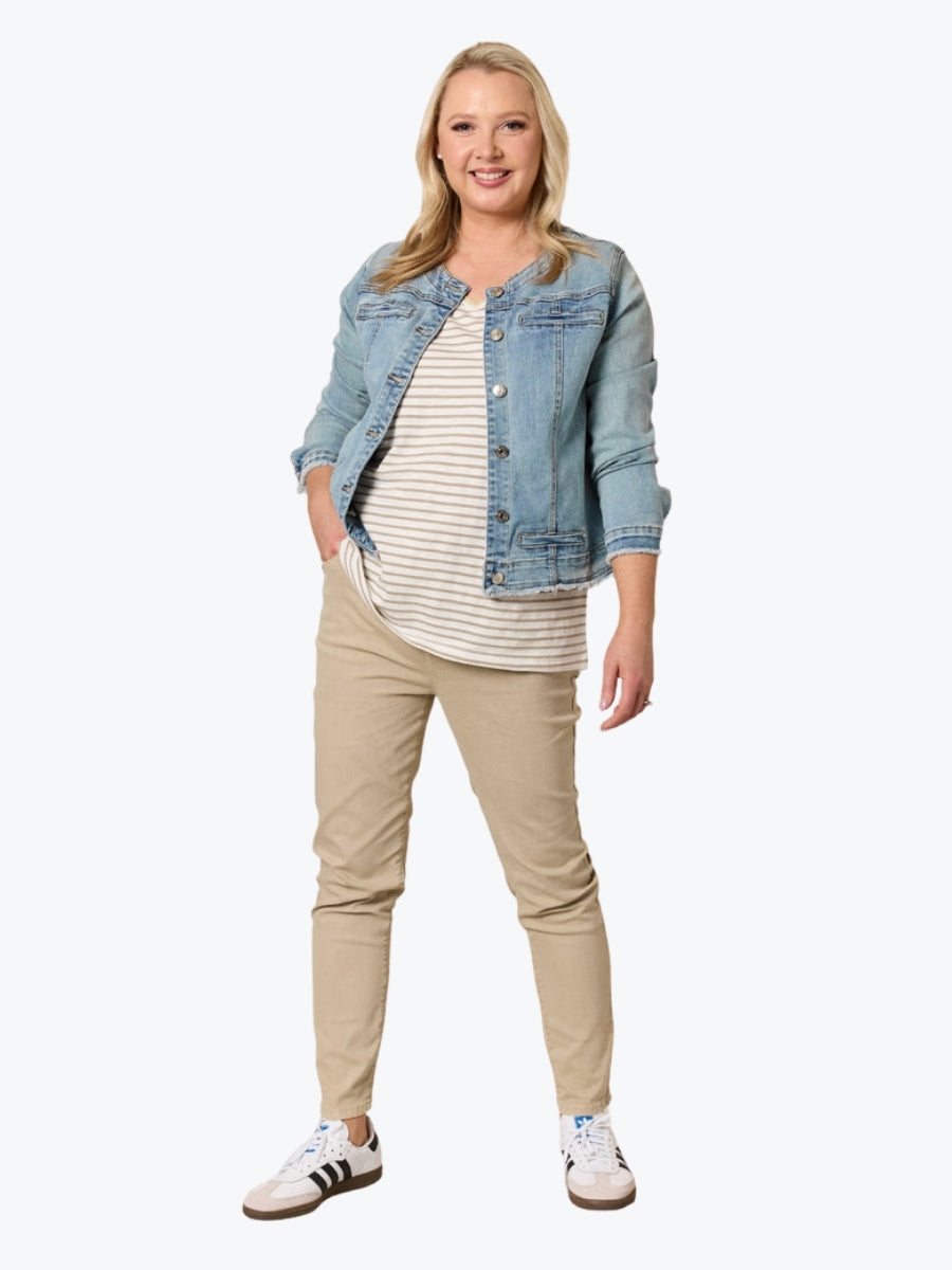 Threadz Collarless Frayed Hem Denim Jacket | Denim