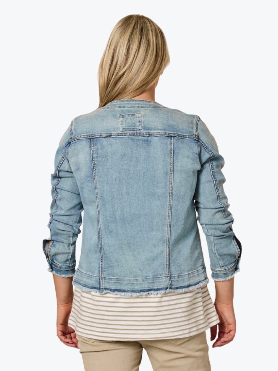 Threadz Collarless Frayed Hem Denim Jacket | Denim