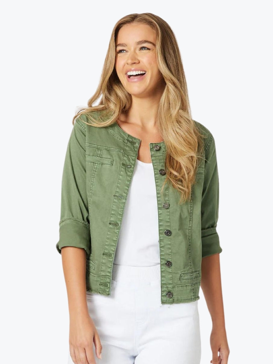 Threadz collarless denim jacket khaki