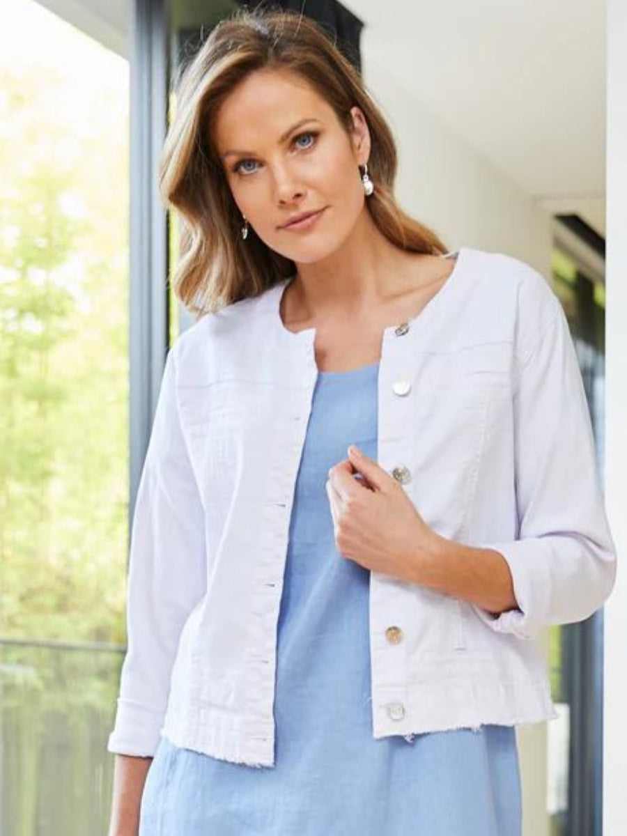 Threadz collarless denim jacket white