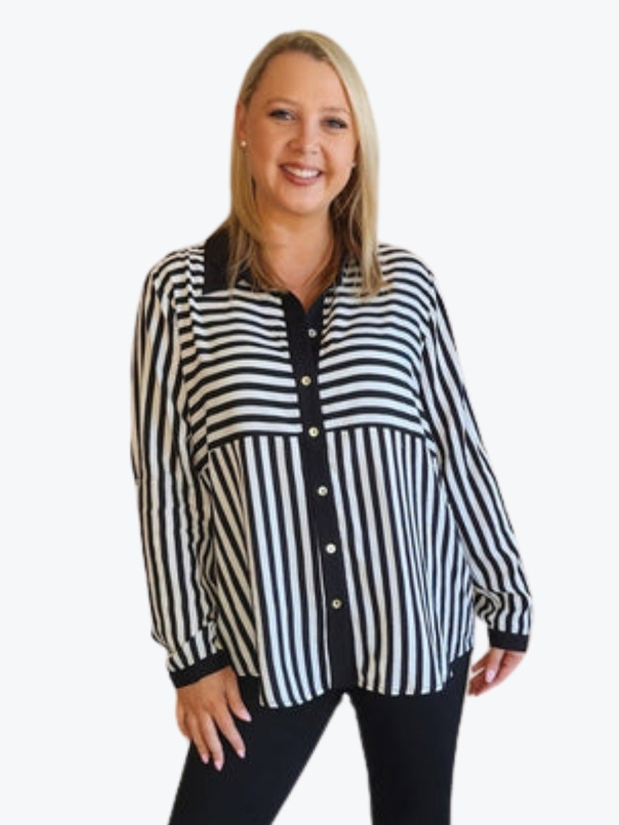 Threadz Emmi Stripe Print Shirt in Black/White Stripe