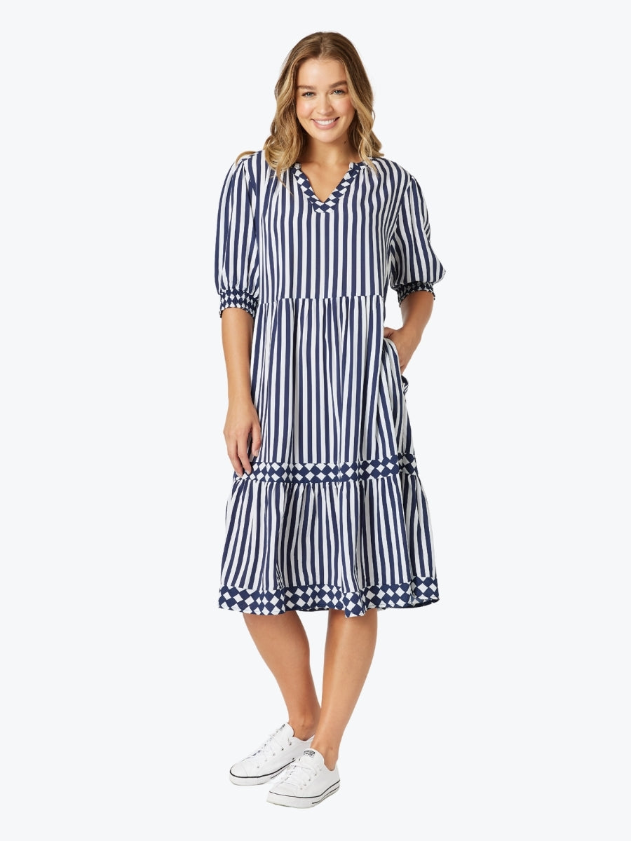 Threadz Harlequin Stripe Tiered Dress in Navy/White