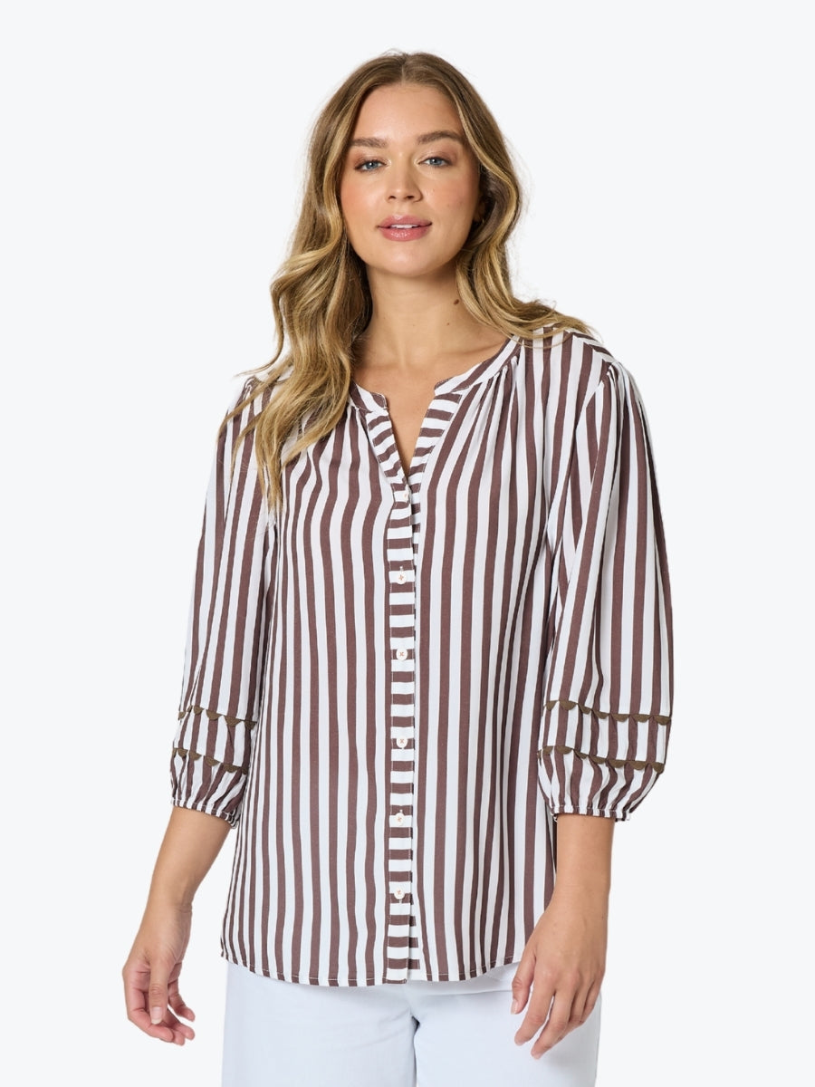 Threadz Montecito Stripe Top | Coffee/White