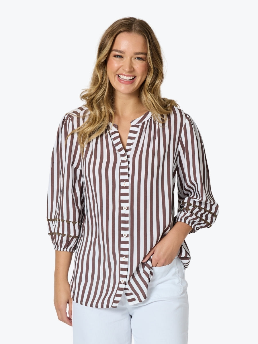 Threadz Montecito Stripe Top | Coffee/White