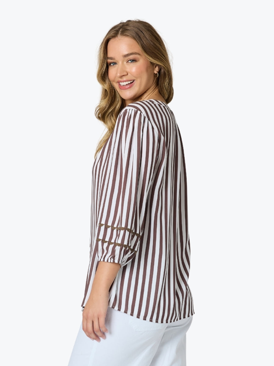Threadz Montecito Stripe Top | Coffee/White
