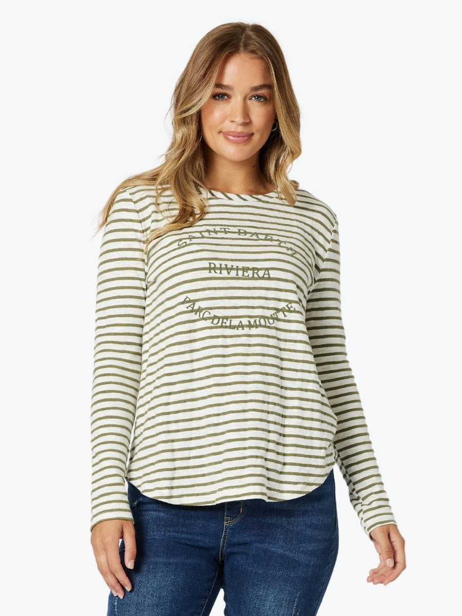 Threadz Riviera Long Sleeve Tee in Khaki/White Stripe
