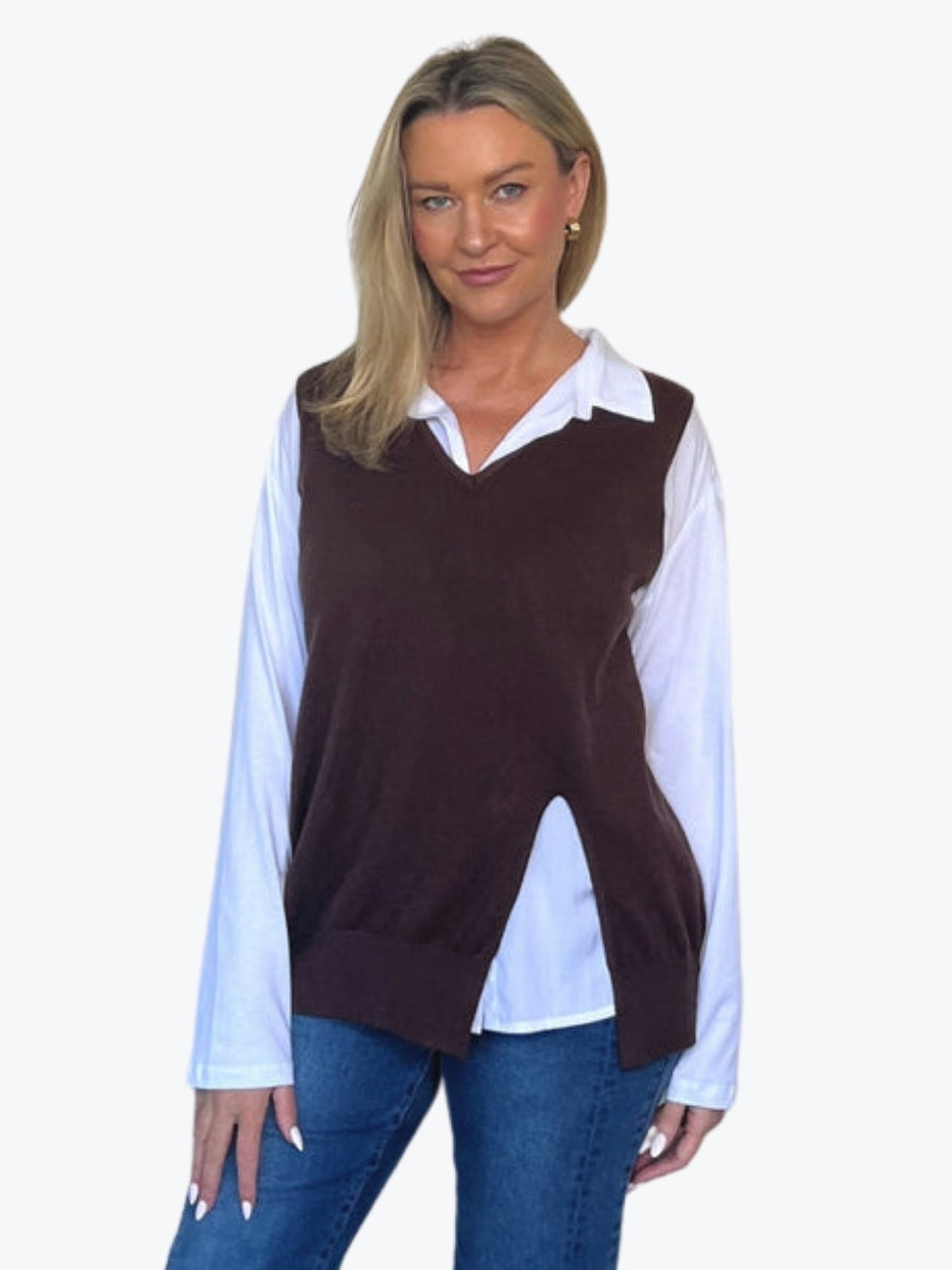 Threadz Vicky Side Split Knit Vest in Chocolate