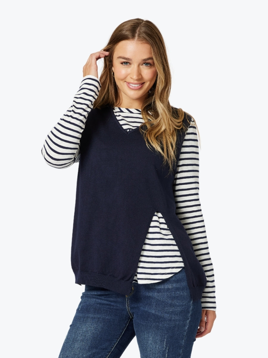 Threadz Vicky Side Split Knit Vest in Navy
