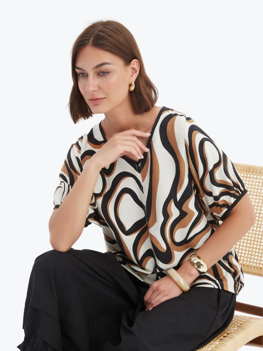Tirelli Bishop Sleeve Swirl Top in Caramel Swirl