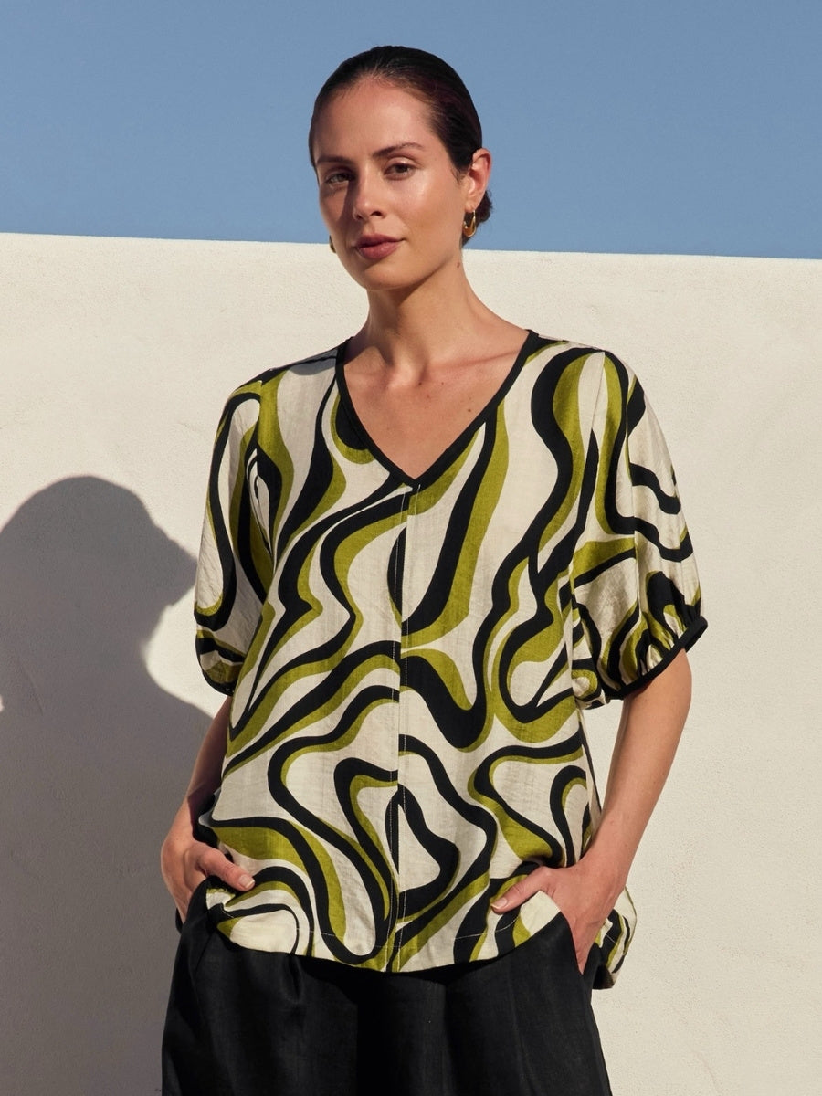 Tirelli Bishop Sleeve Swirl Top in Chartreuse Swirl
