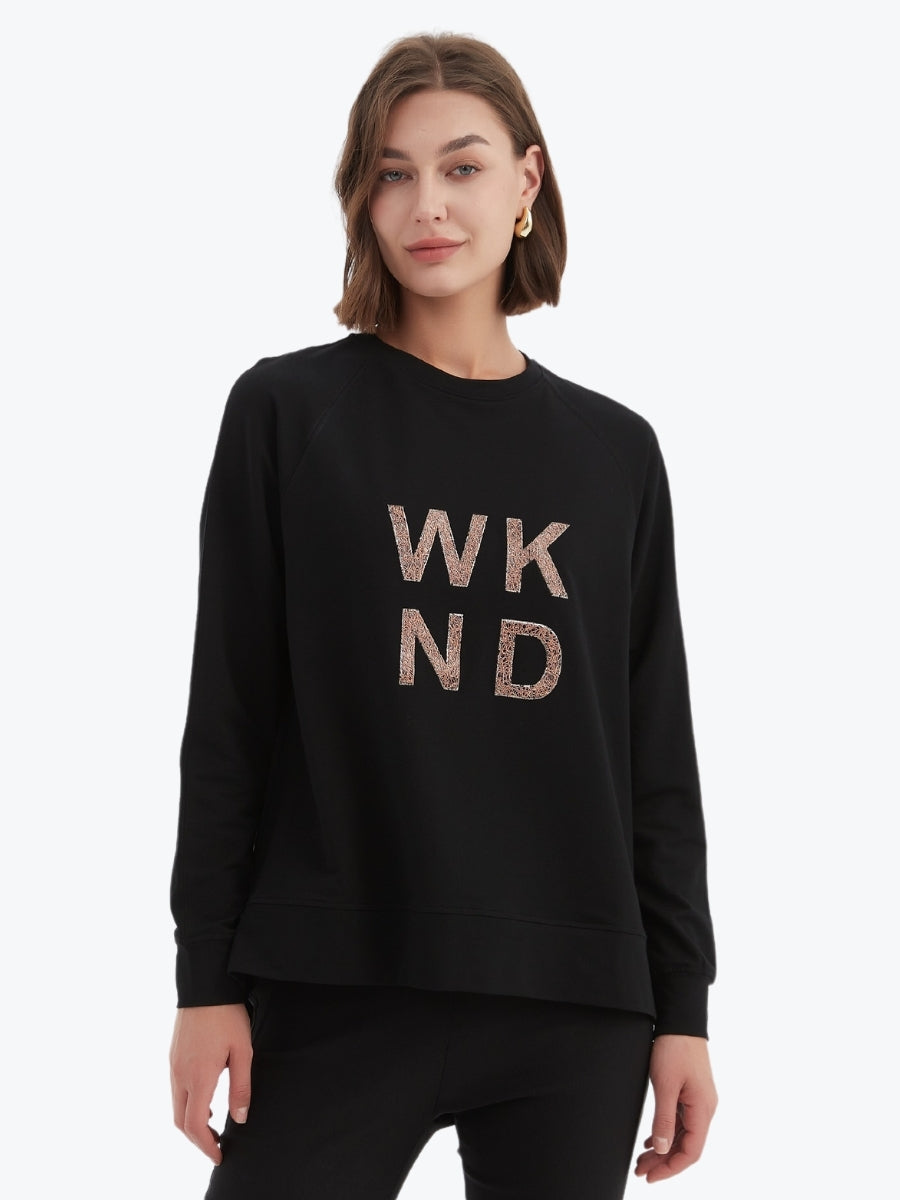 Tirelli Embossed metallic WKND sweater long sleeve black rose gold