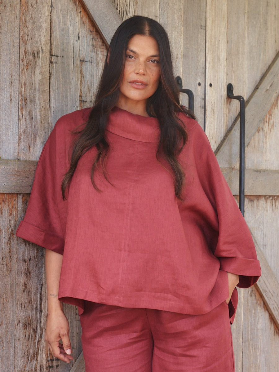 Tirelli Funnel Neck Boxy Top | Brick