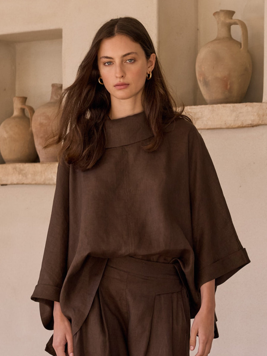 Tirelli Funnel Neck Boxy Top | Chocolate