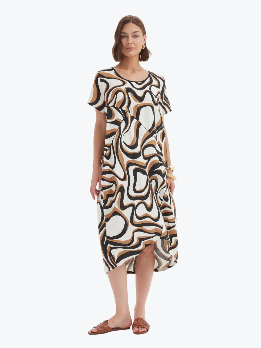 Tirelli Panel Print Dress in Caramel Swirl