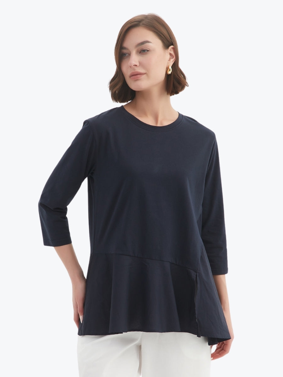Tirelli Split Hem Combi Top in Navy