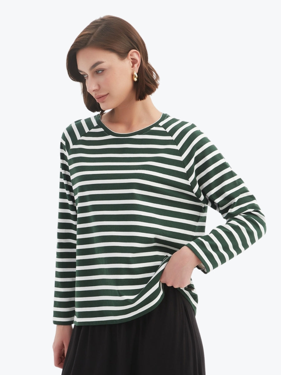 Tirelli Stripe Long Sleeve Weekend Tshirt in Hunter Green/White