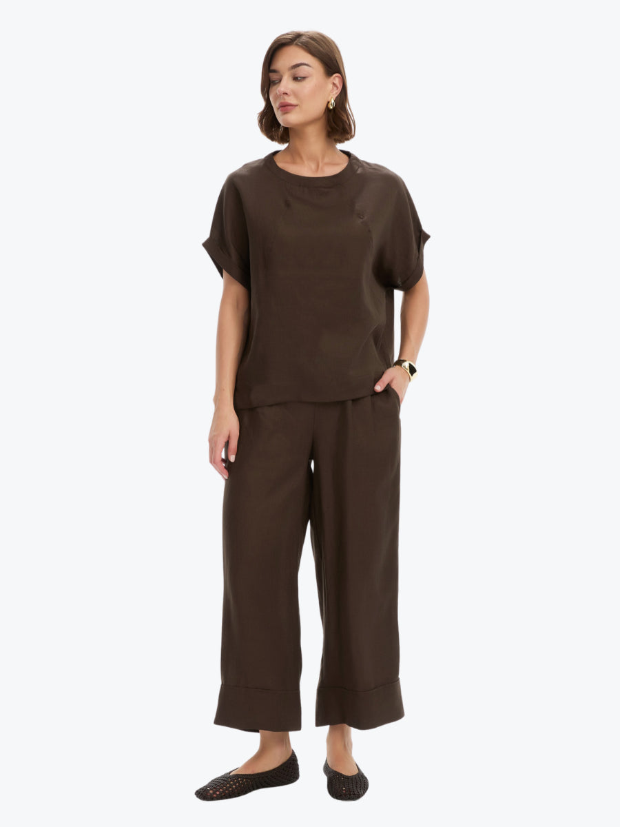 Tirelli Wide Leg Linen Pant | Chocolate
