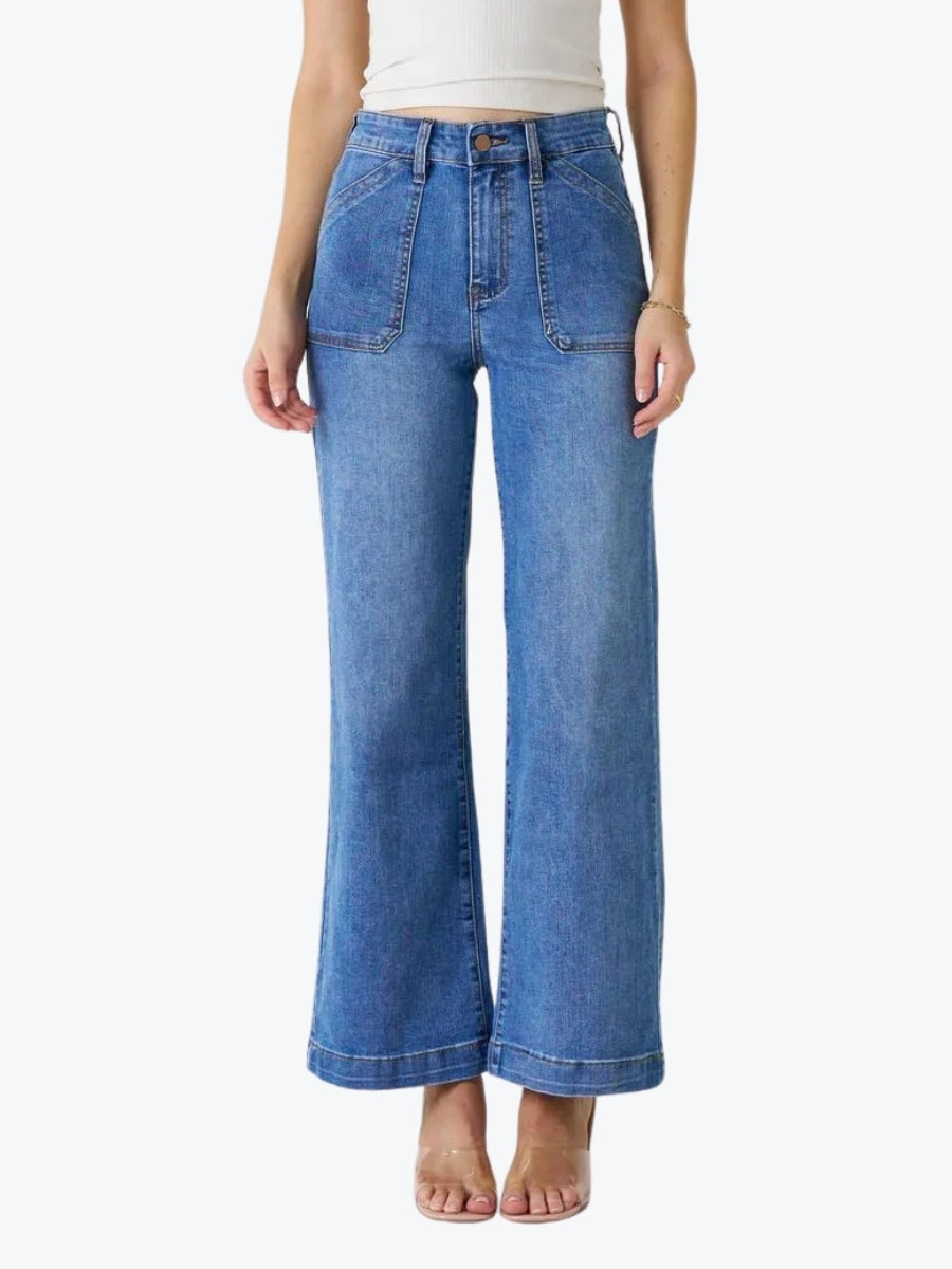 Wakee Wide Leg Patch Pocket Jean in Mid Blue