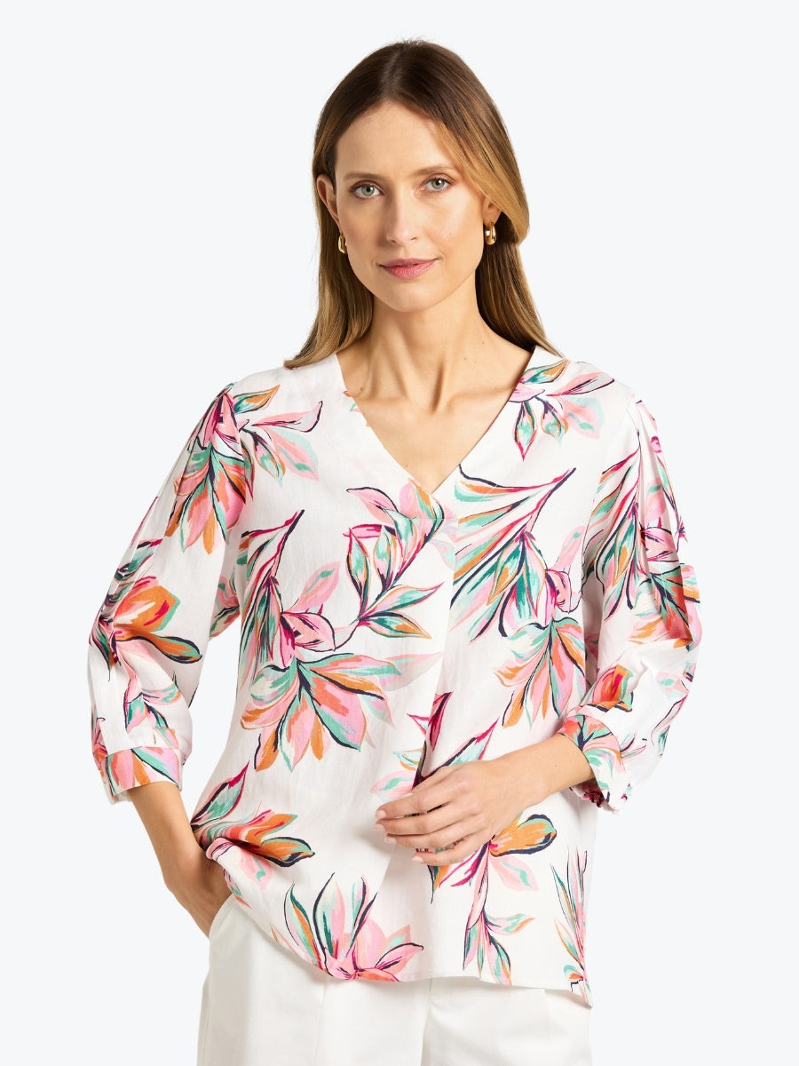 yarra trail paradise print top white floral linen v neck