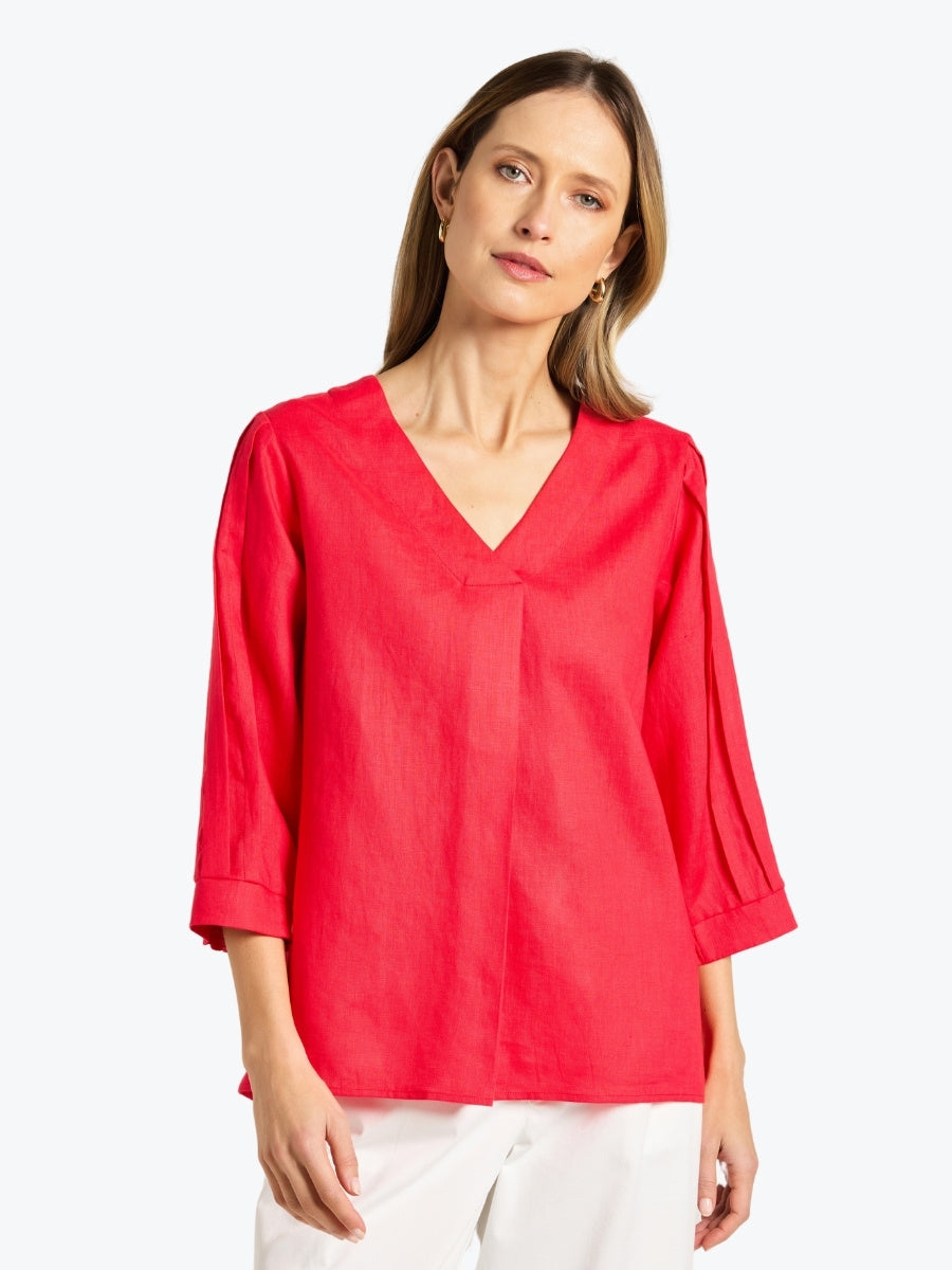 yarra trail puff sleeve top carnation red linen v neck